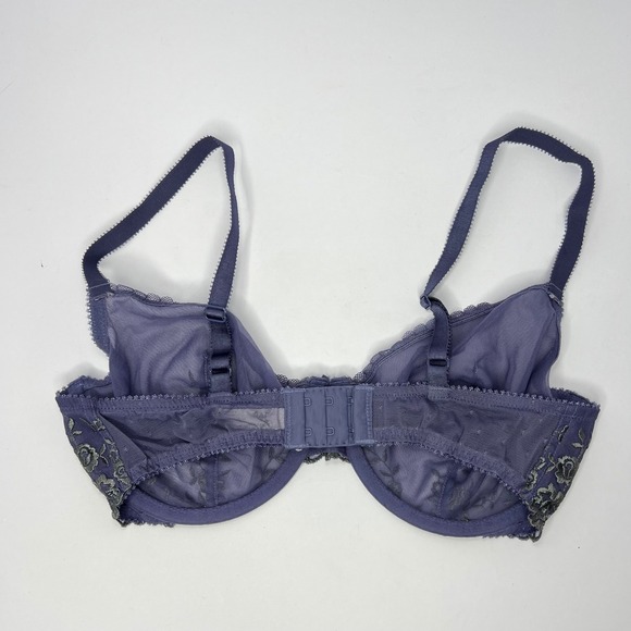 Purple Mesh Embroidered Underwire Bra 36D Floral Lace Unlined Sheer Fairy - Picture 4 of 7